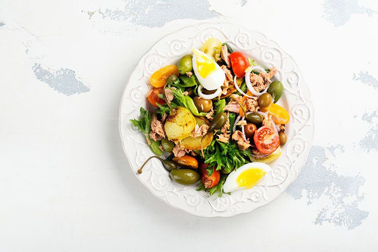 Aerial shot of a salad nicoise at Central Hall Westminster